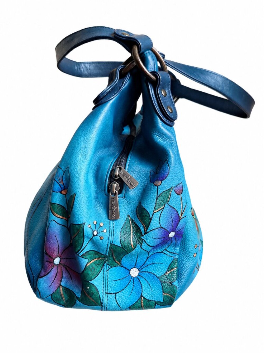 Anuschka Artsy Hand Painted Leather Hobo Floral Butterfly Blue Purse + Pouch - Picture 4 of 10